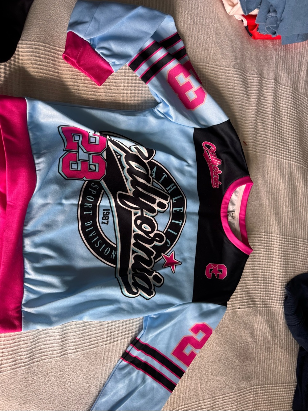 SHEIN Light Blue & Hot Pink Athletic Graphic Jersey